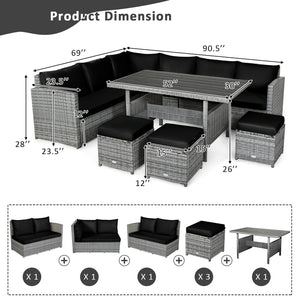 Packages include 3 loveseats  3 ottomans  1 table  6 seat cushions  7 back cushions  and instruction<br>Packages come in 4 boxes<br>Powder-coated steel structure provides strong durability and stability<br>All-weather and wear-resistant rattan ensures lon