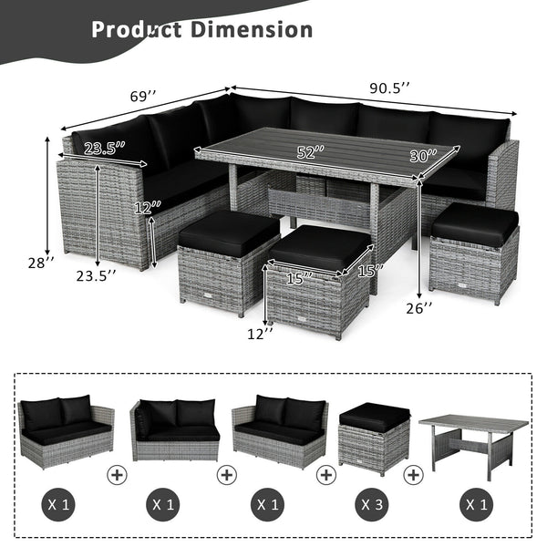 Packages include 3 loveseats  3 ottomans  1 table  6 seat cushions  7 back cushions  and instruction<br>Packages come in 4 boxes<br>Powder-coated steel structure provides strong durability and stability<br>All-weather and wear-resistant rattan ensures lon