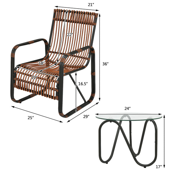 This patio furniture set includes 2 single chairs and a side table. You can place it on the patio  balcony  garden  poolside  or any other place in your home. Â  This wicker bistro set with a classic design will add a sense of elegance to your space. Sing