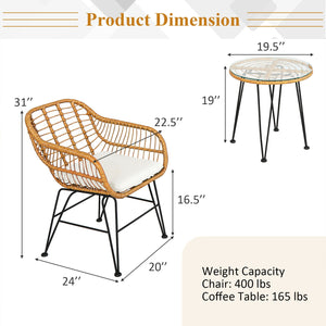 Premium wicker ensures high resistance to weather/sunlight/water<br>Heavy-duty steel frame with rust-resistant powder coated surface<br>High density sponge padded cushions provide great comfort<br>Tempered glass tabletop to place small decor  snacks and d