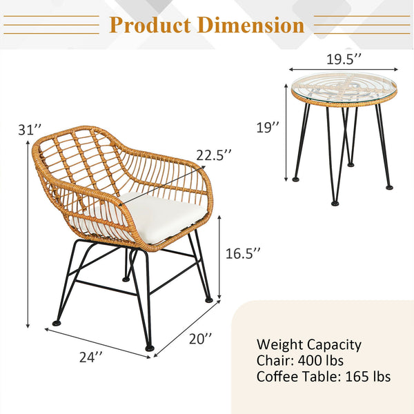 Premium wicker ensures high resistance to weather/sunlight/water<br>Heavy-duty steel frame with rust-resistant powder coated surface<br>High density sponge padded cushions provide great comfort<br>Tempered glass tabletop to place small decor  snacks and d