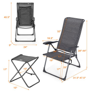 Made of solid steel and high-strength fabric  this patio chair set can load up to 300lbs for long term use. Â  Since its folding design  this patio chair set can be stored and carried without taking up much living space. Also  the 7-gear adjustable backre