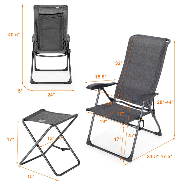 Made of solid steel and high-strength fabric  this patio chair set can load up to 300lbs for long term use. Â  Since its folding design  this patio chair set can be stored and carried without taking up much living space. Also  the 7-gear adjustable backre