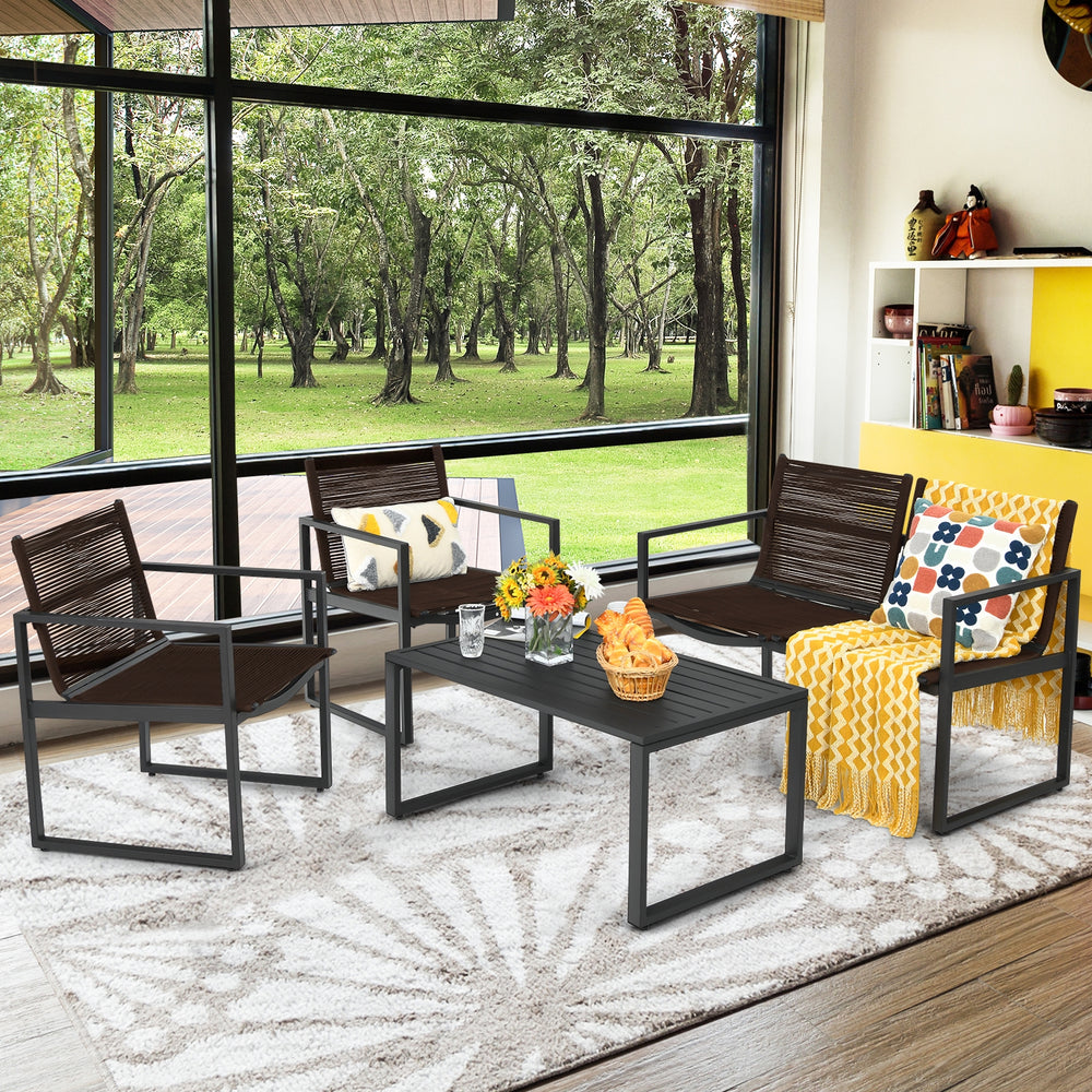 The patio conversation set is made of premium steel and durable polyester  which has a large load-bearing capacity and can be used for a long time. Â  The 4 pieces of patio furniture set will provide you and your family with a comfortable space for conver