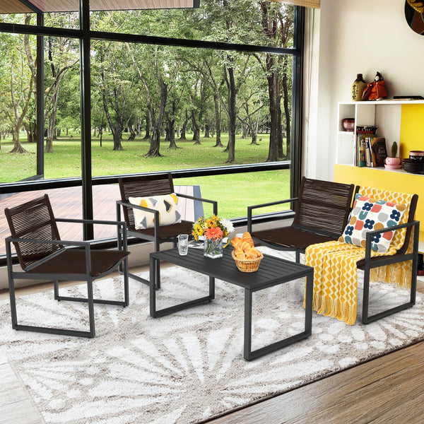 The patio conversation set is made of premium steel and durable polyester  which has a large load-bearing capacity and can be used for a long time. Â  The 4 pieces of patio furniture set will provide you and your family with a comfortable space for conver