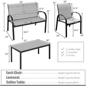 Including 1 loveseat  2 single sofas  and 1 tea table with a glass top<br>High quality and brand new<br>Modern and fashionable design<br>Solid steel frame  durable and sturdy<br>Tea table with a large tabletop<br>Perfect display<br>Wonderful for outdoor l