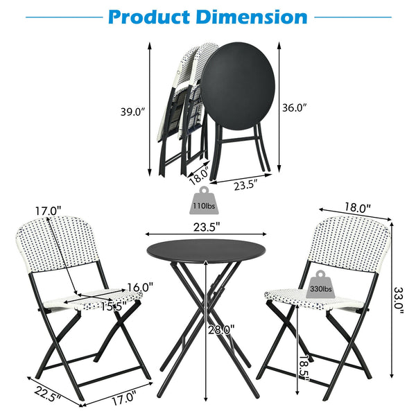 This 3-piece rattan dining chair and table set includes 1 folding dining table and 2 chairs  which will bring an elegant atmosphere to your patio or deck. Â  The heavy-duty steel frame provides a solid foundation for this delightful dining set. Besides  d