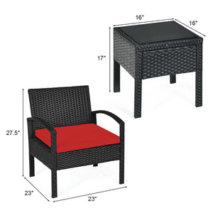 This rattan patio conversation set which will provide you a comfortable experience in your leisure time. Â  This set of outdoor furniture is made of high-quality rattan and strong steel  which is durable and has a long service life. The thick soft cushion