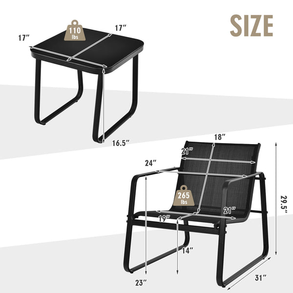 Brighten up your outdoor space with this 3-piece outdoor modern conversation set! Â  Made of anti-rust steel frame and fast-drying fabric  this patio bistro set can stay outside. Moreover  the widened seat  cozy backrest  ergonomic armrests and breathable