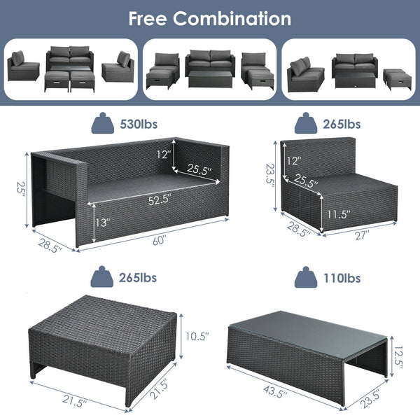 After working indoors for too long  people always want to go out for air and get close contact with nature. And our 6pcs patio furniture set provides a perfect outdoor relaxing place for you. Â  Our product features 1 loveseat  2 armless sofas  2 ottomans