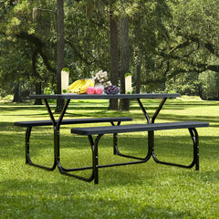 Made of non-toxic and odorless HDPE material to serve for years <br>Smooth surface with the natural wood grain to be a great addition to outdoors <br>Integrated metal frame with high strength to be sturdy without deformation <br>Thick 2 inches table holds