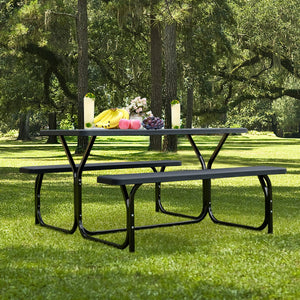 Made of non-toxic and odorless HDPE material to serve for years <br>Smooth surface with the natural wood grain to be a great addition to outdoors <br>Integrated metal frame with high strength to be sturdy without deformation <br>Thick 2 inches table holds