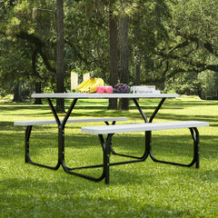 Made of non-toxic and odorless HDPE material to serve for years <br>Smooth surface with the natural wood grain to be a great addition to outdoors <br>Integrated metal frame with high strength to be sturdy without deformation <br>Thick 2 inches table holds