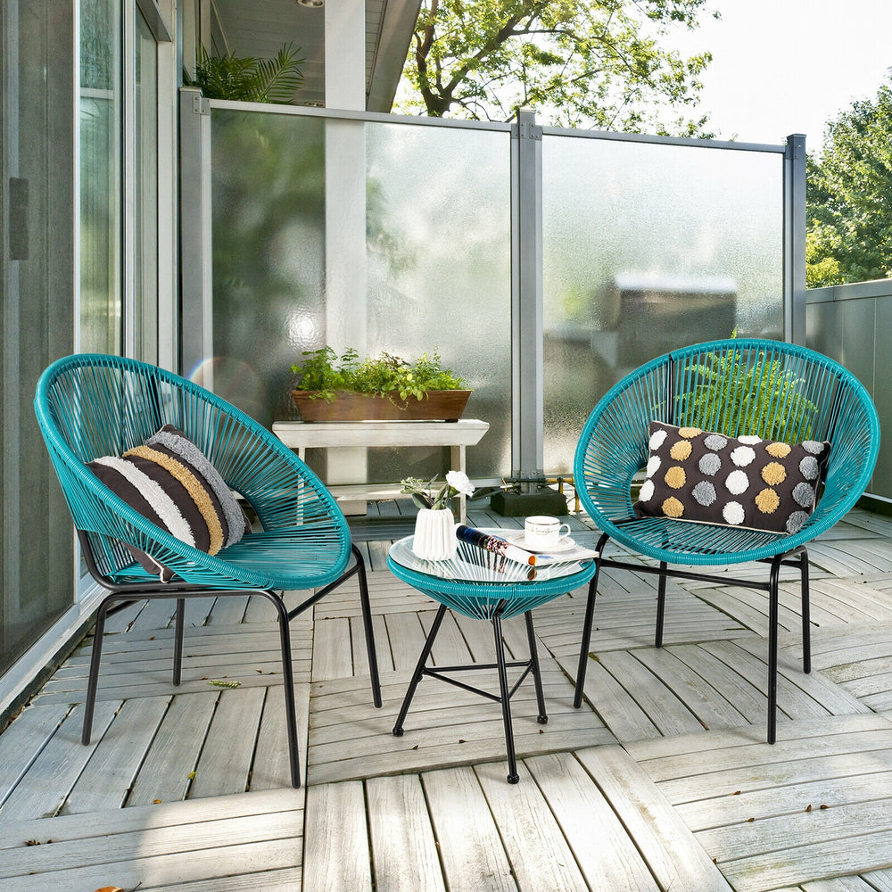 Constructed with sturdy steel pipe featuring high solidness and stability while also being waterproof <br>Made of high-quality plastic rope which has excellent weather resistance and is suitable for outdoor use <br>Chairs with ergonomic backrest for ultra