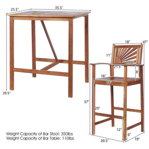 This patio bar set includes 1 bar table and 2 bar stools. Â  As a simple but elegant design with high durability and great comfort  our bar set will be your fabulous companion during outdoor leisure time. Made of high-quality acacia wood  the patio set po