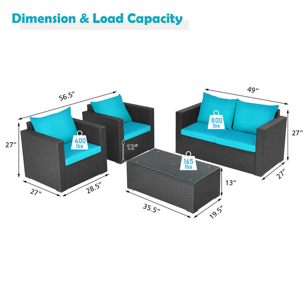 Including 1 x Table  2 x Single sofa  1 x Loveseat  4 x Seat cushion  4 x Back cushion  1 x Instruction<br>Stable steel frame can ensure a high-weight capacity<br>Weather-resistant PE rattan is durable enough for a long lifespan<br>Table and sofas come up