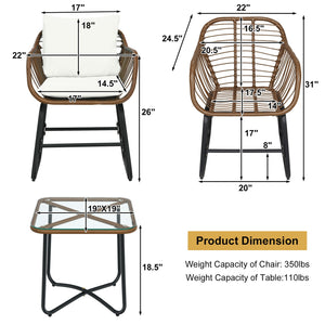 Including 2 x Armchair  1 x Square table  2 x Seat cushion  2 x Back cushion  1 x Instruction <br>Includes 2 armchairs  1 side table and 4 cushions <br>Weather-resistant PE rattan can be used for a long time <br>Armchair with solid construction can hold u