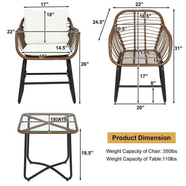 Including 2 x Armchair  1 x Square table  2 x Seat cushion  2 x Back cushion  1 x Instruction <br>Includes 2 armchairs  1 side table and 4 cushions <br>Weather-resistant PE rattan can be used for a long time <br>Armchair with solid construction can hold u