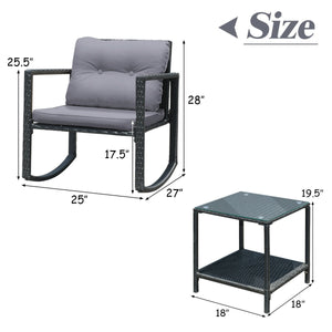 Including 1 table with tempered glass top and 2 rocking chairs <br>Sturdy and heavy steel frame ensures large weight capacity <br>High-quality PE wicker can withstand the moderate change in weather <br>Slightly sloping back and seat of the rocking chair o