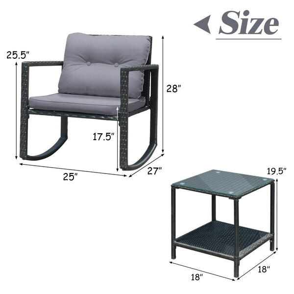 Including 1 table with tempered glass top and 2 rocking chairs <br>Sturdy and heavy steel frame ensures large weight capacity <br>High-quality PE wicker can withstand the moderate change in weather <br>Slightly sloping back and seat of the rocking chair o