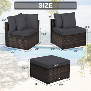 Includes 2 corner sofas  1armless table and 1 ottoman for versatile use<br>Sturdy powder-coated steel frame provides strong durability and stability<br>All-weather and wear-resistant PE rattan provides a long service life<br>Thick and soft sponge padded c