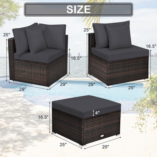 Includes 2 corner sofas  1armless table and 1 ottoman for versatile use<br>Sturdy powder-coated steel frame provides strong durability and stability<br>All-weather and wear-resistant PE rattan provides a long service life<br>Thick and soft sponge padded c