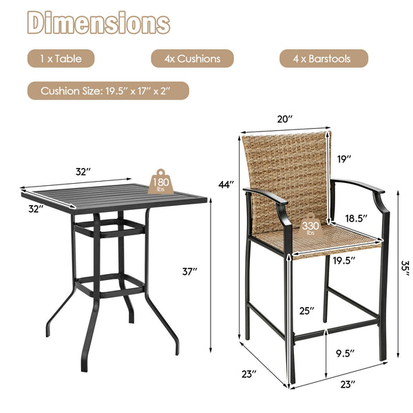 4 bar chairs and 1 bar table satisfy your multiple outdoor demands <br>Suitable for poolside  backyard  garden  etc. <br>Heavy-duty steel frame ensures high stability <br>Strong weight capacity: each chair 330 lbs and table 180 lbs <br>32" x 32" spacious 