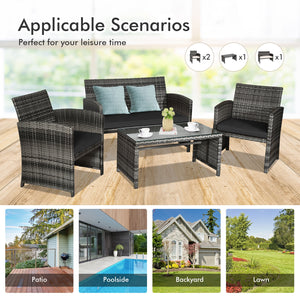 Rattan patio set includes one loveseat  two single chairs and one coffee table. <br>Made of high-quality rattan with strong built-in frame structure <br>Functional and beautiful design perfect for garden  backyard and balcony <br>Rattan coffee table with 