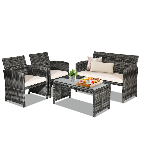 Rattan patio set includes one loveseat  two single chairs and one coffee table. <br>Made of high-quality rattan with strong built-in frame structure <br>Functional and beautiful design perfect for garden  backyard and balcony <br>Rattan coffee table with 