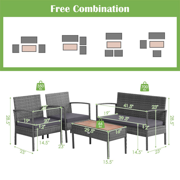Including 2 single sofas  1 loveseat and 1 coffee table <br>Suitable for poolside  backyard  deck  garden  etc. <br>Ergonomic seat with soft cushions for extra comfort <br>Zippered design ensures easy removal and maintenance <br>Waterproof cushion cover r