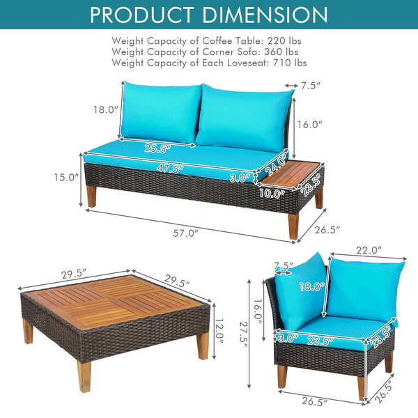 With comfy cushions  large seats  practical coffee table and 2 handy side tables  this outdoor conversation not only provides ultimate coziness for sitting  but also brings large space for accommodating different items. Â  What's more  the solid acacia wo