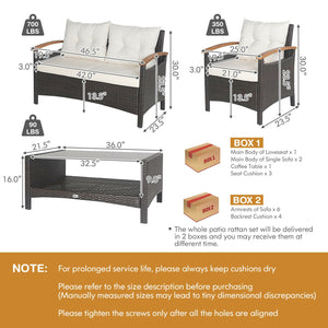 This 4-piece patio rattan conversation set will be a perfect addition to your backyard or other outdoor occasions. Â  Constructed of heavy-duty and anti-rust steel frame  all the loveseat  single sofas and coffee table can withstand strong weight. And the