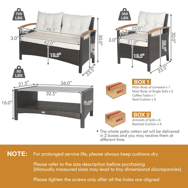 This 4-piece patio rattan conversation set will be a perfect addition to your backyard or other outdoor occasions. Â  Constructed of heavy-duty and anti-rust steel frame  all the loveseat  single sofas and coffee table can withstand strong weight. And the
