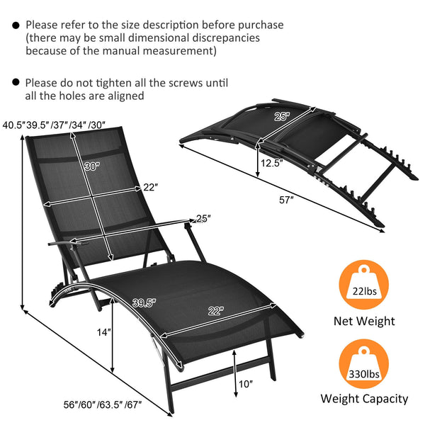 If you want to enjoy a lazy afternoon on your beautiful outdoors  these comfortable outdoor chaise lounge chairs are ready to be used! Â  The lightweight design allows you to carry these outdoor recliners to the desired places easier. What's more  the 5-p