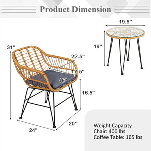 Premium wicker ensures high resistance to weather/sunlight/water<br>Heavy-duty steel frame with rust-resistant powder coated surface<br>High density sponge padded cushions provide great comfort<br>Tempered glass tabletop to place small decor  snacks and d