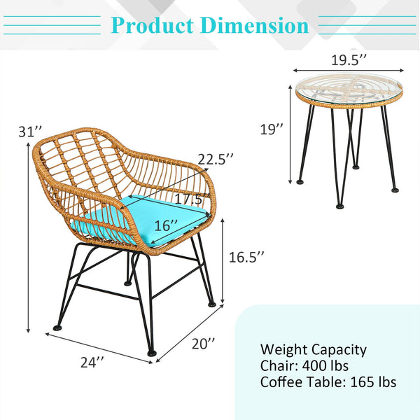 Premium wicker ensures high resistance to weather/sunlight/water<br>Heavy-duty steel frame with rust-resistant powder coated surface<br>High density sponge padded cushions provide great comfort<br>Tempered glass tabletop to place small decor  snacks and d