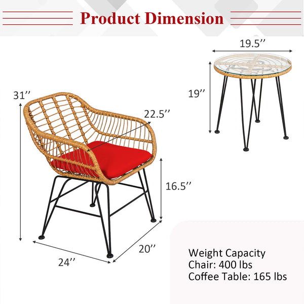 Premium wicker ensures high resistance to weather/sunlight/water<br>Heavy-duty steel frame with rust-resistant powder coated surface<br>High density sponge padded cushions provide great comfort<br>Tempered glass tabletop to place small decor  snacks and d