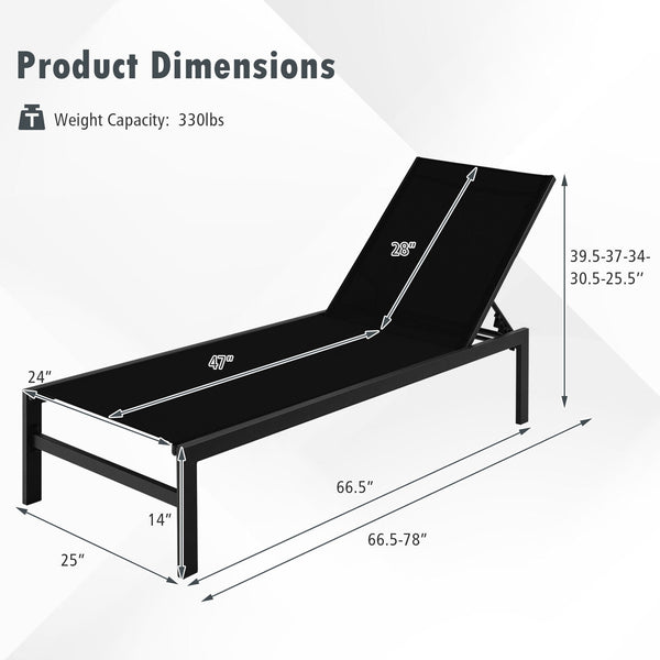 Lightweight and rustproof aluminium frame can stand the test of time<br>Premium fabric is quick-drying  breathable and durable<br>6-position adjustable recliner allows you to set a desired angle<br>This chaise lounge chair can be used completely flat<br>A