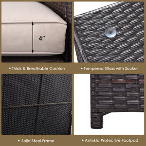Made of rattan with good toughness and weather-resistant function<br>Reinforced steel frame with excellent stability<br>Padded seat and back cushions for soft and comfortable sitting feeling<br>Coffee table with tempered glass for strong supporting<br>End