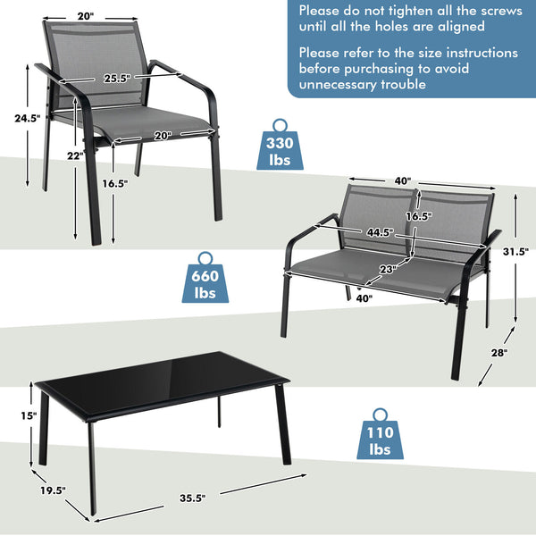 Make outdoor life more comfortable and make outdoor places more beautiful with this 4-piece patio furniture set! Â  To provide you with upgraded comfort  this outdoor conversation set is ergonomically designed with curved backrests  cozy armrests and wide