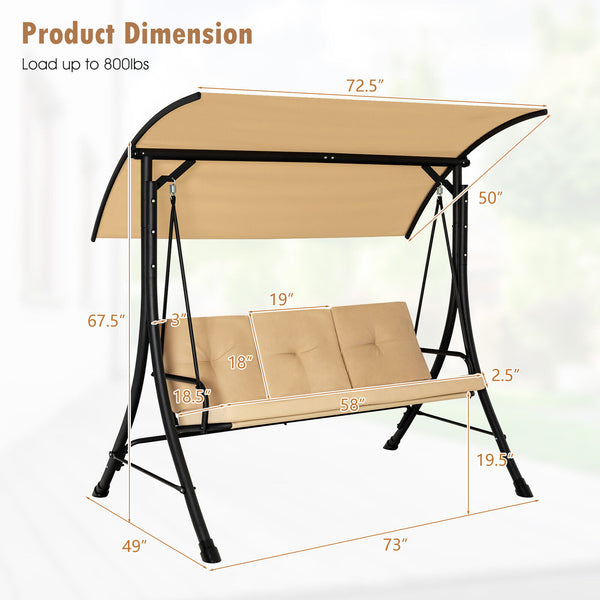 This outdoor porch swing with canopy can provide you with comfortable sitting feeling  letting you have a good leisure time and relieve stress. Â  The porch swing features heavy-duty steel frame  triangular base and solid springs hooks  bearing up to 800 