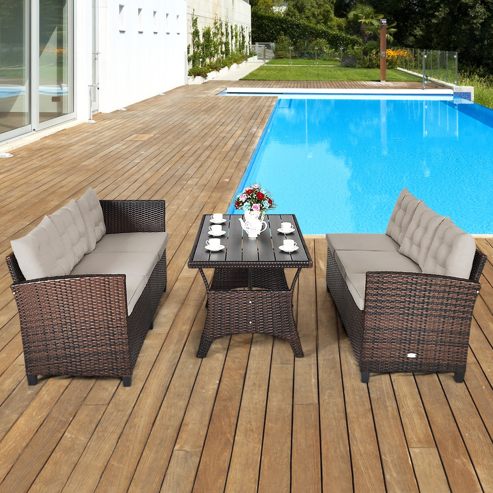 This sofa set provides you with the most comfortable casual experience! Â  The sturdy steel frame makes this set strong enough to be your long-term choice. Exquisite rattan with strong toughness will also give you a good touch. The soft sponge cushion can