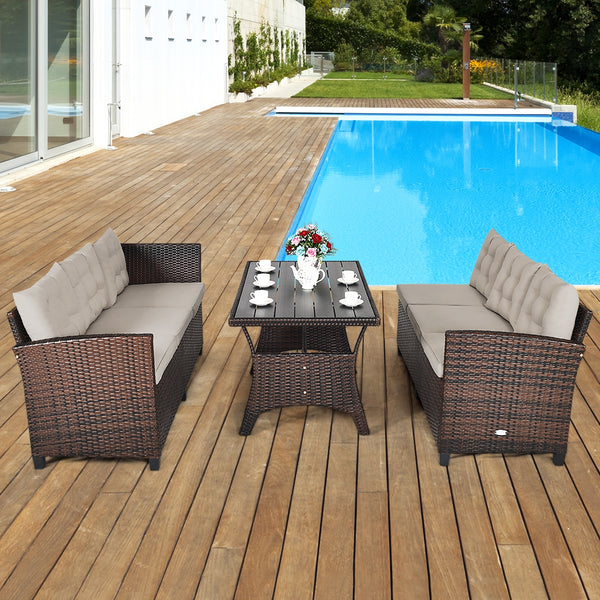 This sofa set provides you with the most comfortable casual experience! Â  The sturdy steel frame makes this set strong enough to be your long-term choice. Exquisite rattan with strong toughness will also give you a good touch. The soft sponge cushion can