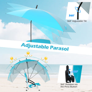 Silver-coated polyester fabric provides UPF50+ sun protection<br>Flex shaft on the pole allows for 360Â° adjustable tilt<br>Adjustable parasol features 360Â° rotation through the press button<br>Cross-shaped metal support frame offers strong stability<br>