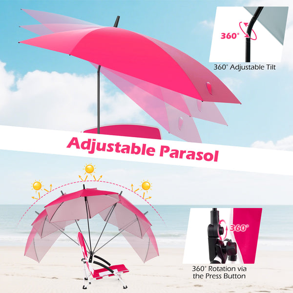 Silver-coated polyester fabric provides UPF50+ sun protection<br>Flex shaft on the pole allows for 360Â° adjustable tilt<br>Adjustable parasol features 360Â° rotation through the press button<br>Cross-shaped metal support frame offers strong stability<br>