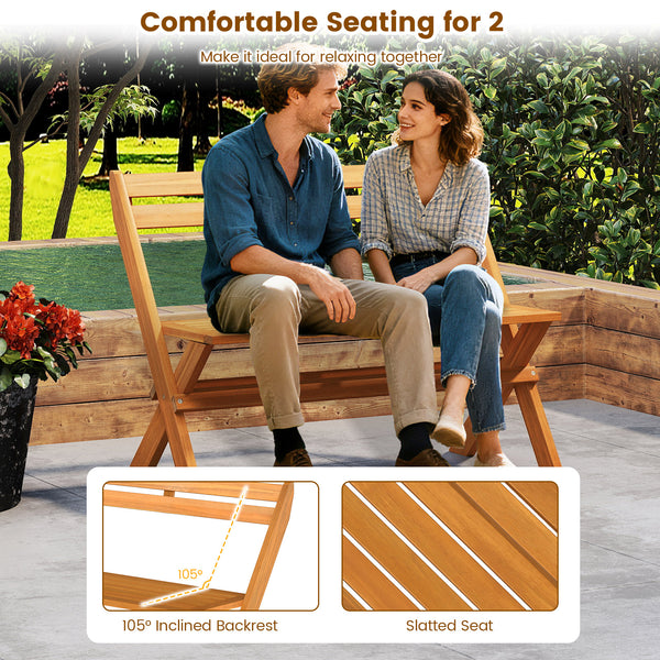 Solid acacia wood for high hardness and natural beauty<br>Hold up to 800 lbs for stable and reliable support<br>X-shaped structure  back reinforcement and robust crossbars for extra stability<br>Comfortable seating for 2 makes it ideal for relaxing togeth