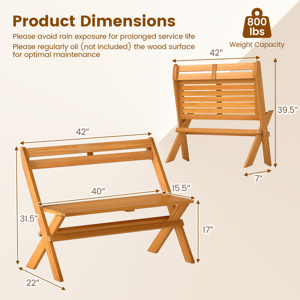 Solid acacia wood for high hardness and natural beauty<br>Hold up to 800 lbs for stable and reliable support<br>X-shaped structure  back reinforcement and robust crossbars for extra stability<br>Comfortable seating for 2 makes it ideal for relaxing togeth