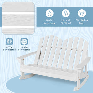 ASTM and CPSIA certificated for safer use. <br>Fitted with reinforced structure which can hold 220lbs of weight.<br>Nice rocking chair for outdoor places  such as backyard  poolside  yard.<br>Made from natural fir wood for weather resistant.<br>30Â° tilt 