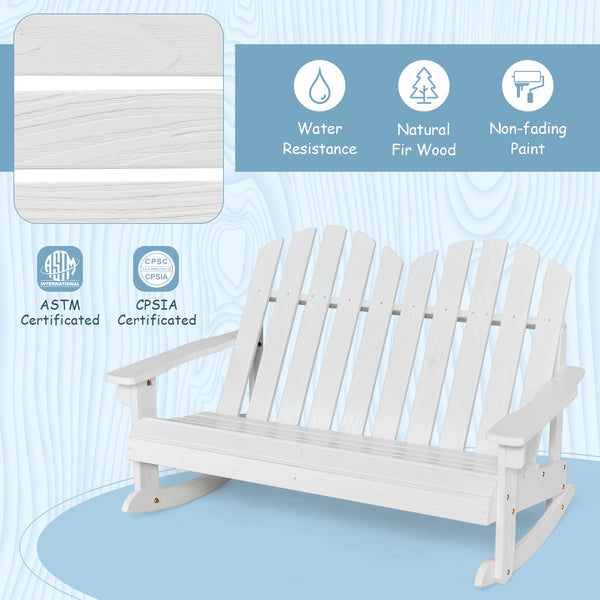 ASTM and CPSIA certificated for safer use. <br>Fitted with reinforced structure which can hold 220lbs of weight.<br>Nice rocking chair for outdoor places  such as backyard  poolside  yard.<br>Made from natural fir wood for weather resistant.<br>30Â° tilt 