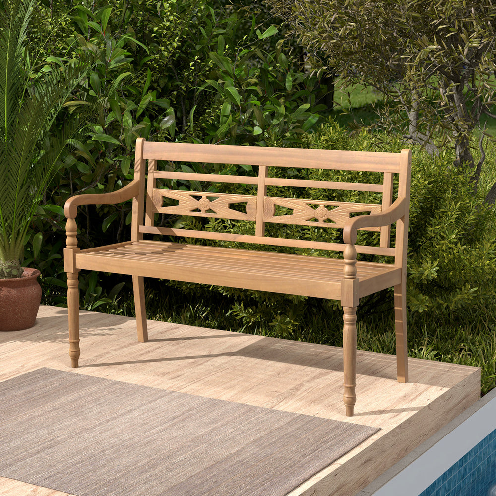 Indonesian teak wood for long-lasting service time<br>Spacious sitting area can comfortably seat up to 2 people<br>Supportive backrest and ergonomic design for unparalleled comfort<br>Curved armrests and curved seat contour to your body curves<br>Exceptio